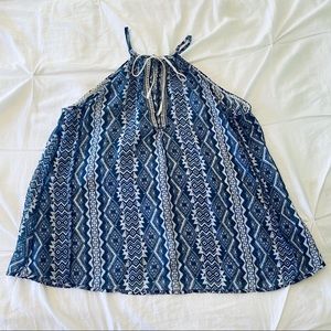 Blue Aztec Print Bow Neckline Flowy Tank